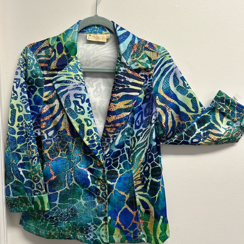 Colorful Patterned Women's Blazer with Crystal Buttons
